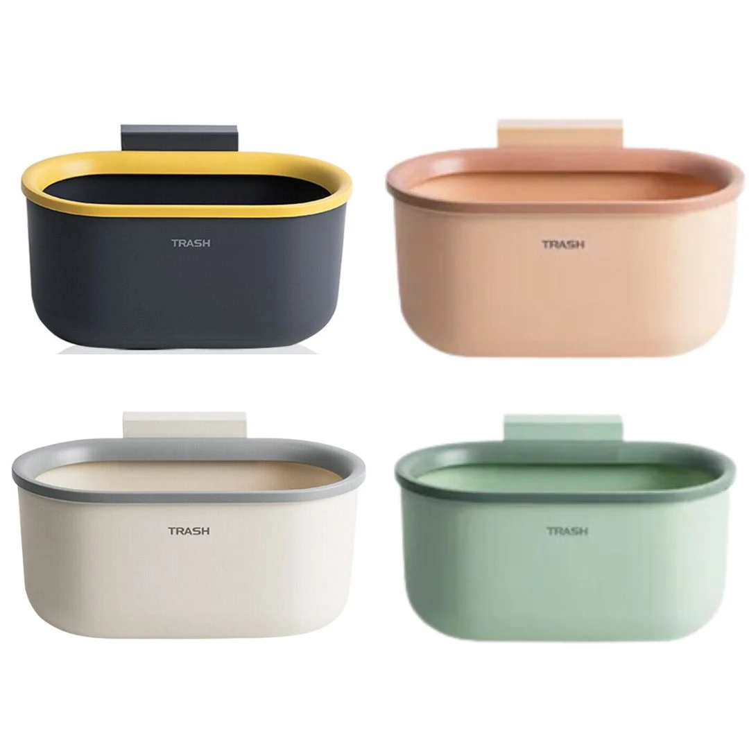 Papelera colgante 3.5L gris con borde amarillo, beige con borde rosa, blanca con borde gris y verde con borde verde.