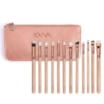 Set 12 brochas de maquillaje Zoeva color rosa con neceser, para looks profesionales.