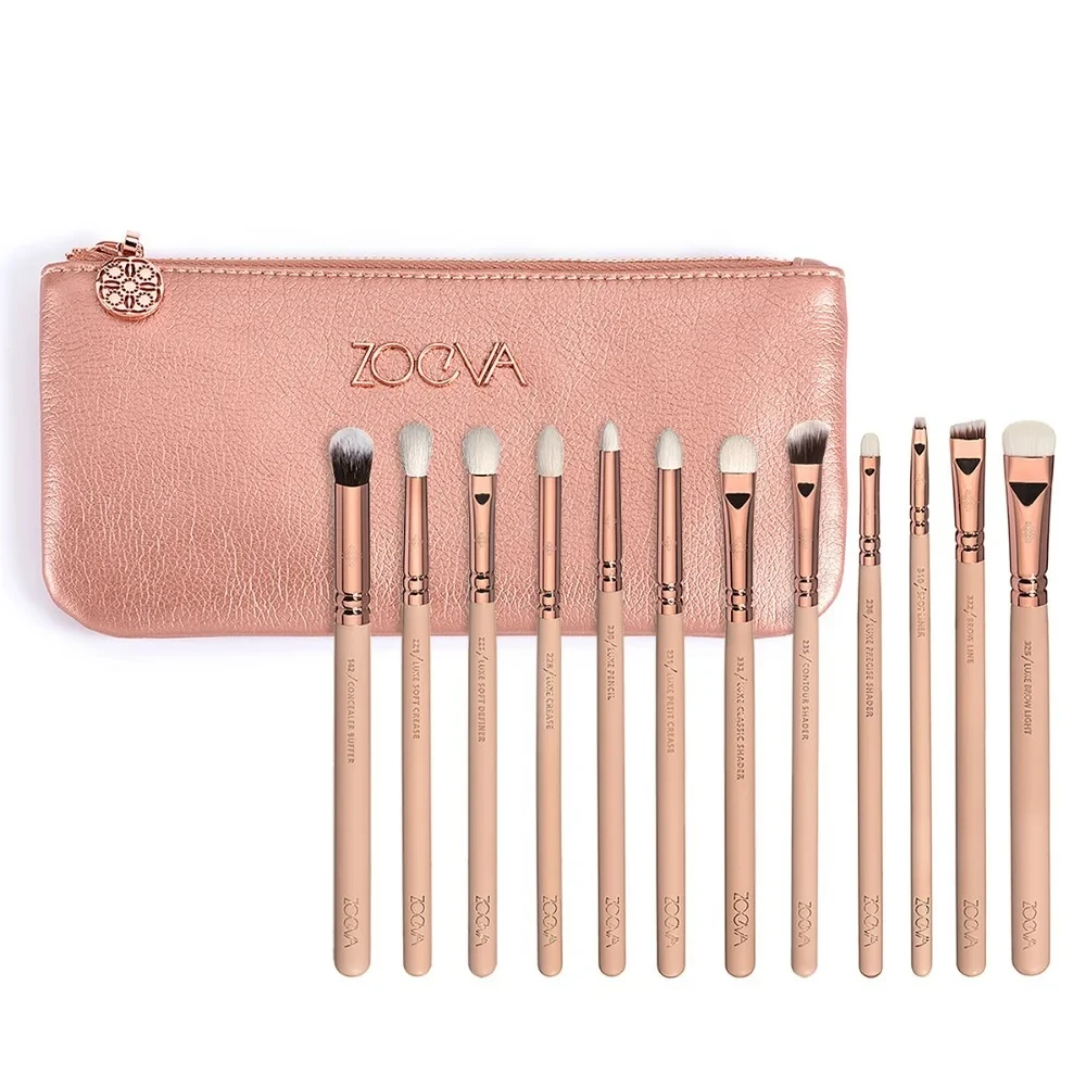 Set 12 brochas de maquillaje Zoeva color rosa con neceser, para looks profesionales.