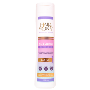 Shampoo reparador Harmony 330 ml para cabellos maltratados con extracto de aloe vera, vitamina E y aceite de argán.