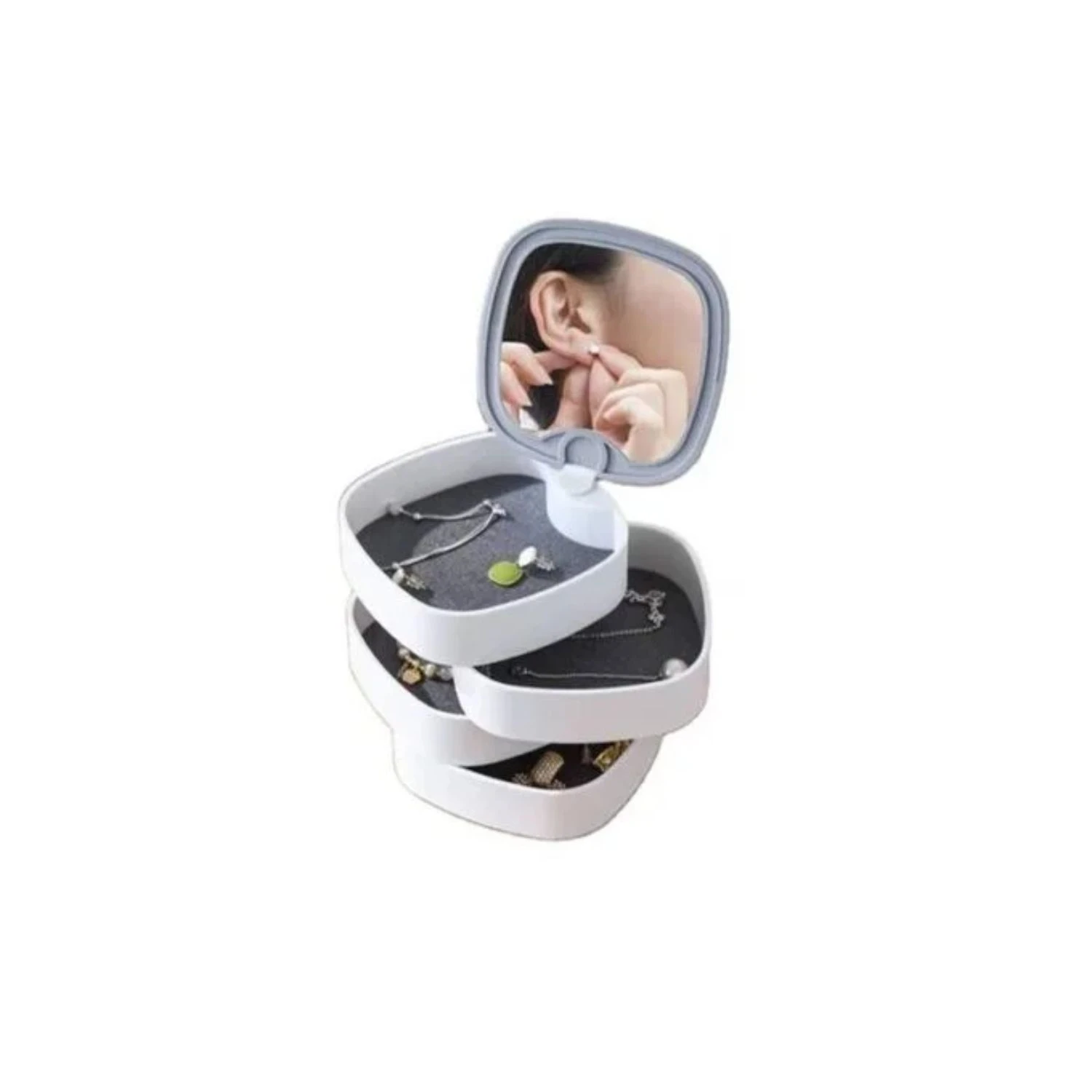 Joyero giratorio blanco de 3 niveles con espejo, ideal para organizar collares, pendientes y anillos.