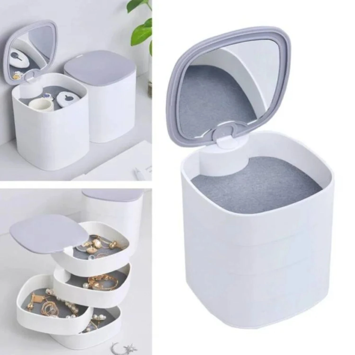 Joyero organizador blanco de 3 cajones giratorios con espejo y forro gris.