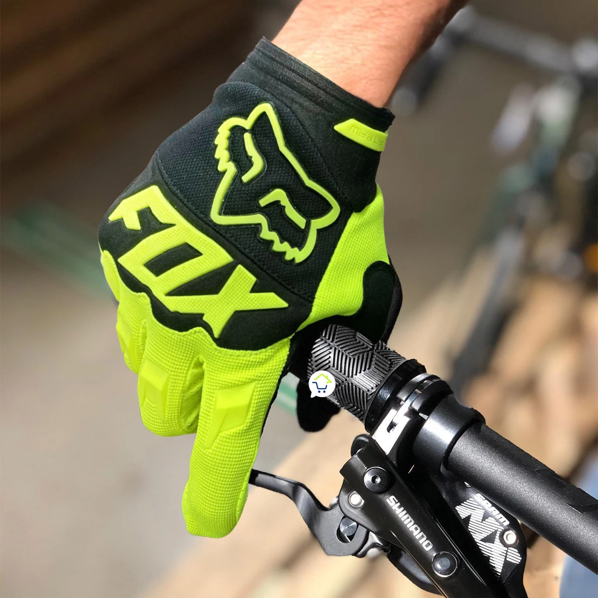 Guantes de ciclismo Fox color verde neón y negro con logo de zorro, para moto.