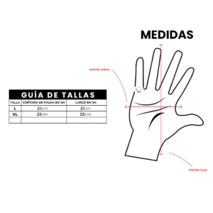 Guía de tallas y medidas para guantes de moto ciclismo: L (21cm palma/largo), XL (22cm palma/largo).