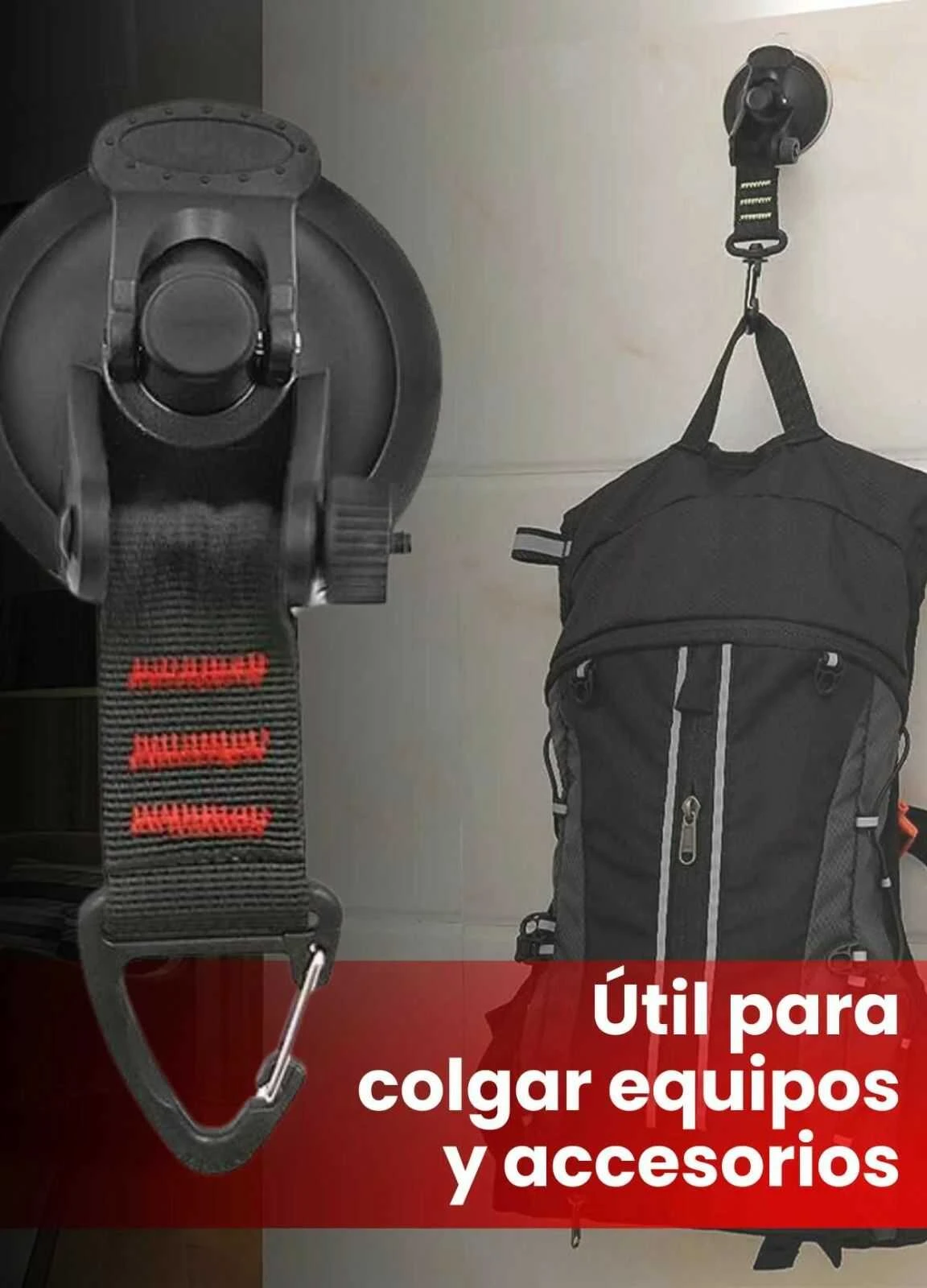 Ganchos de succión negros con correa y mosquetón colgando mochila gris. Útil para colgar equipos.