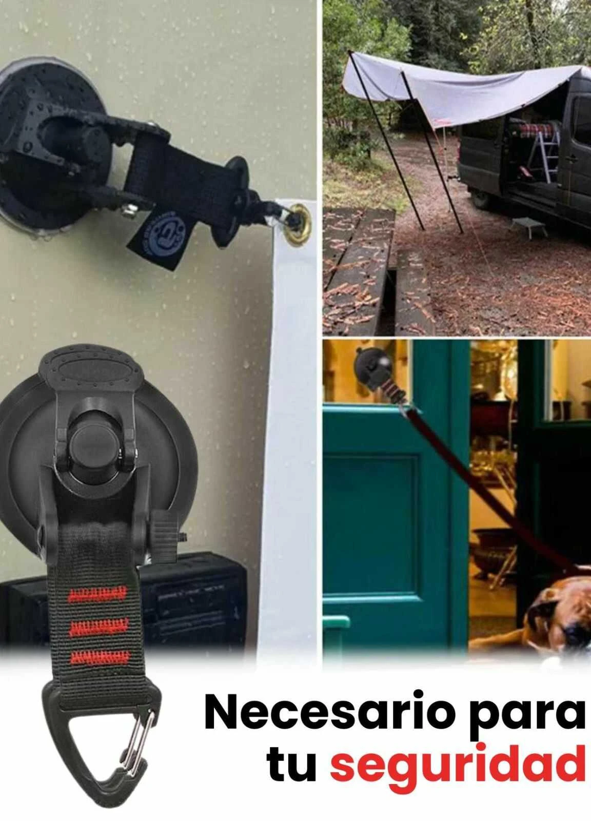 Set x2 ganchos de fijación con ventosa y mosquetón para camping y seguridad.