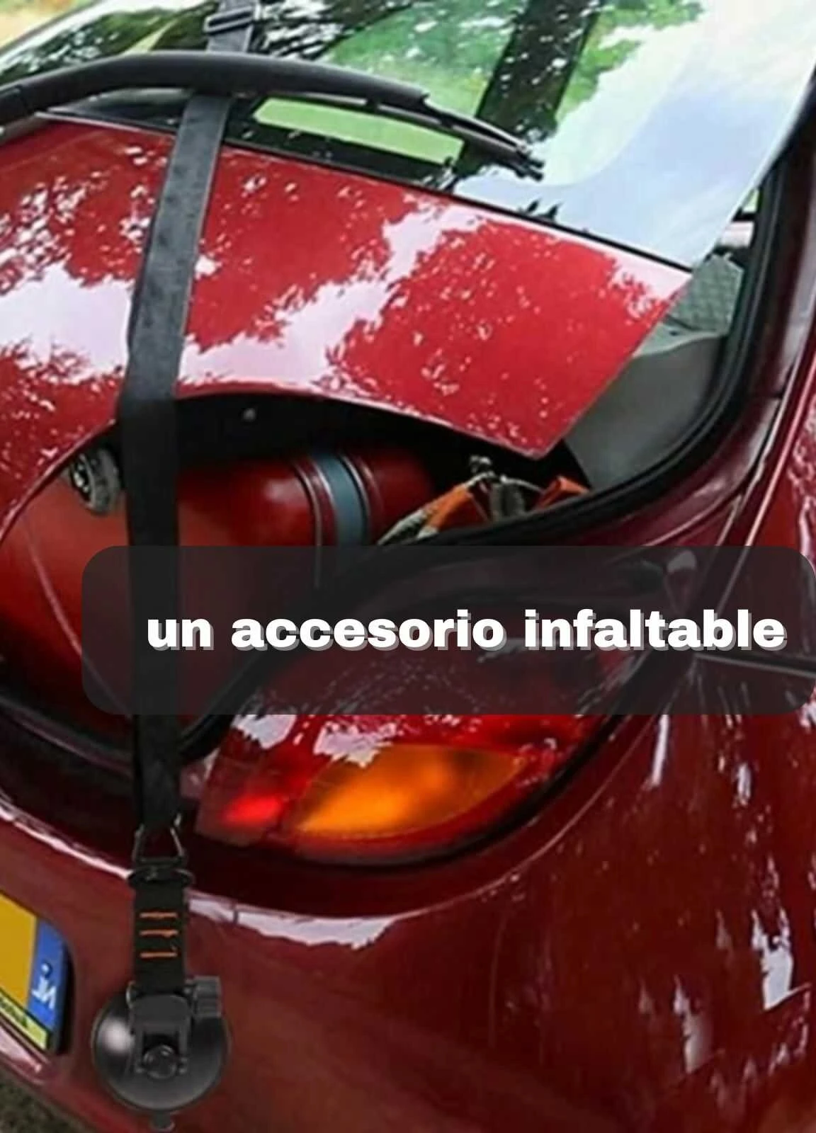 Gancho de fijación con ventosa y correa negra para auto, ideal para asegurar objetos en el maletero o parabrisas.