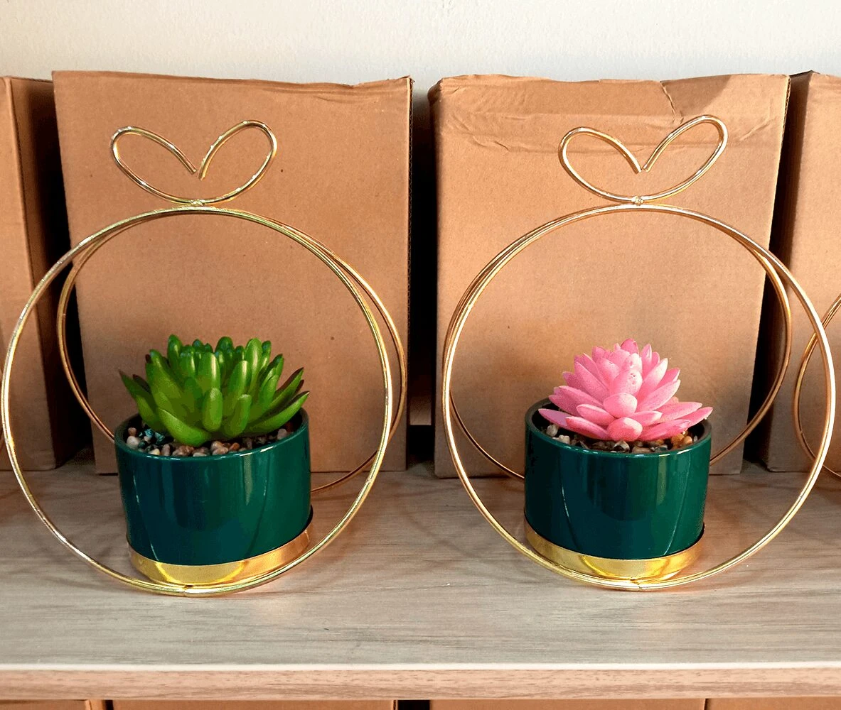 Suculentas artificiales verde y rosa en macetas verdes con marco dorado de corazón en cajas de cartón.