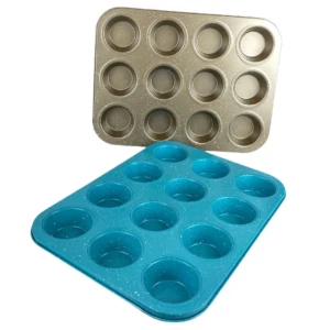 Set x2 Moldes para horno antiadherentes x12. Uno metálico dorado y otro turquesa con puntos blancos.