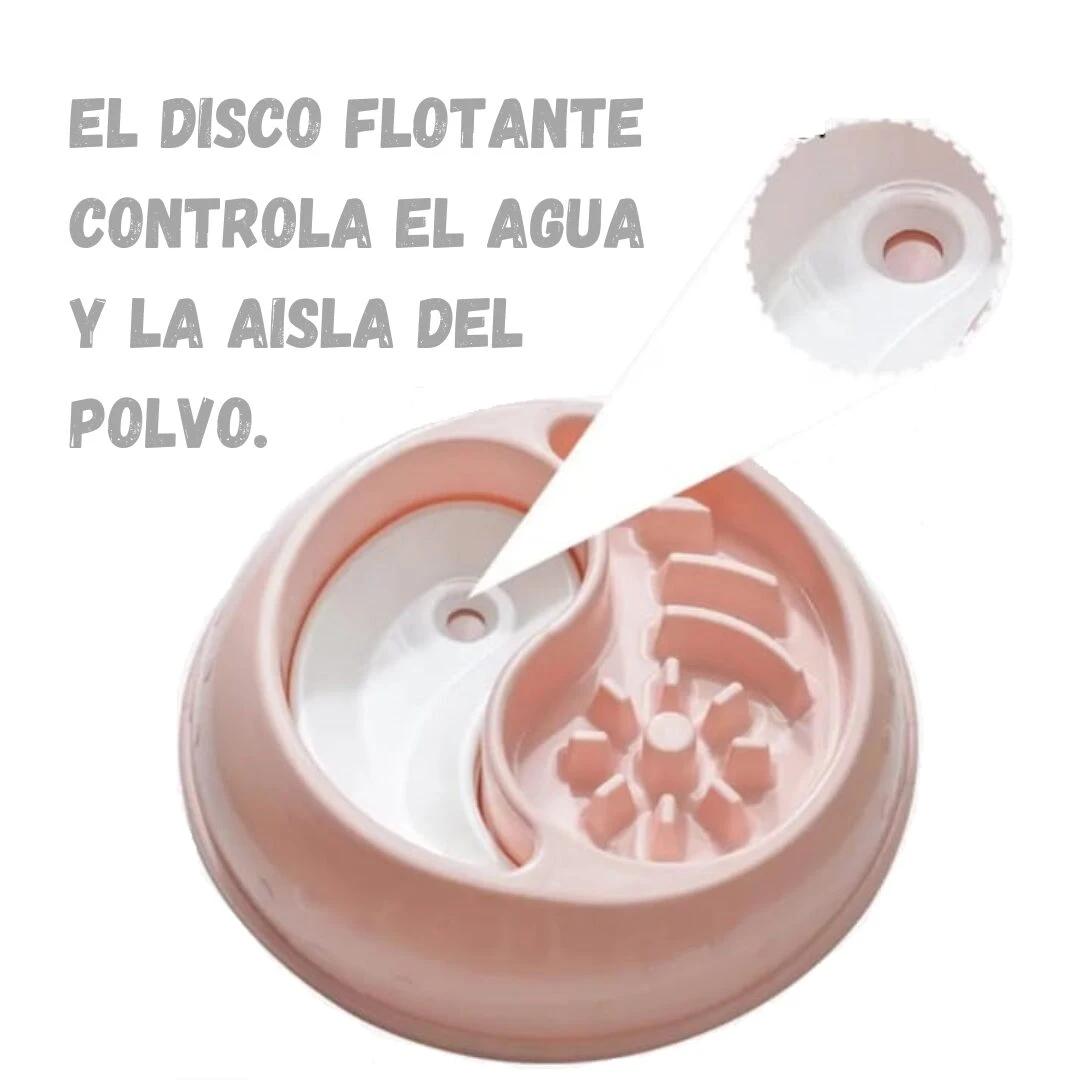 Plato para mascotas color rosa con diseño de Ying Yang para controlar agua y aislar polvo.