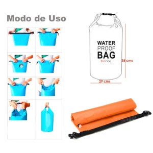 Bolsa impermeable seca azul de 5 litros, mostrada enrollada y con pasos de uso.