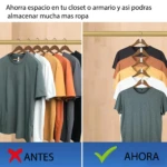 Ganchos ahorradores de espacio para organizar ropa, antes y después de usarlos en un armario.