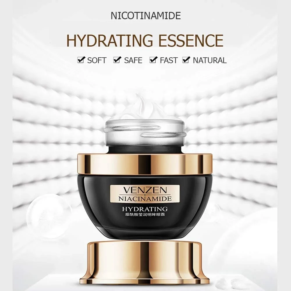 Tarro de crema hidratante Venzen con niacinamida, envase negro de tapa dorada con textura cremosa expuesta sobre fondo blanco difuminado y elegante.