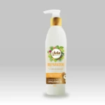 Envase cilíndrico de 300ml con dispensador dorado, etiqueta blanca con diseño botánico, marca Vida, ingredientes orgánicos de almendras, argán y aloe vera.