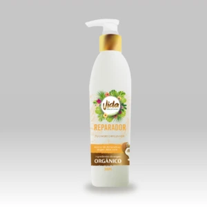 Envase cilíndrico de 300ml con dispensador dorado, etiqueta blanca con diseño botánico, marca Vida, ingredientes orgánicos de almendras, argán y aloe vera.