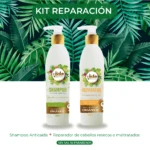 Kit de reparación capilar con shampoo anticaída y reparador orgánico de 300ml cada uno, con ingredientes naturales y sin sal ni parabenos.