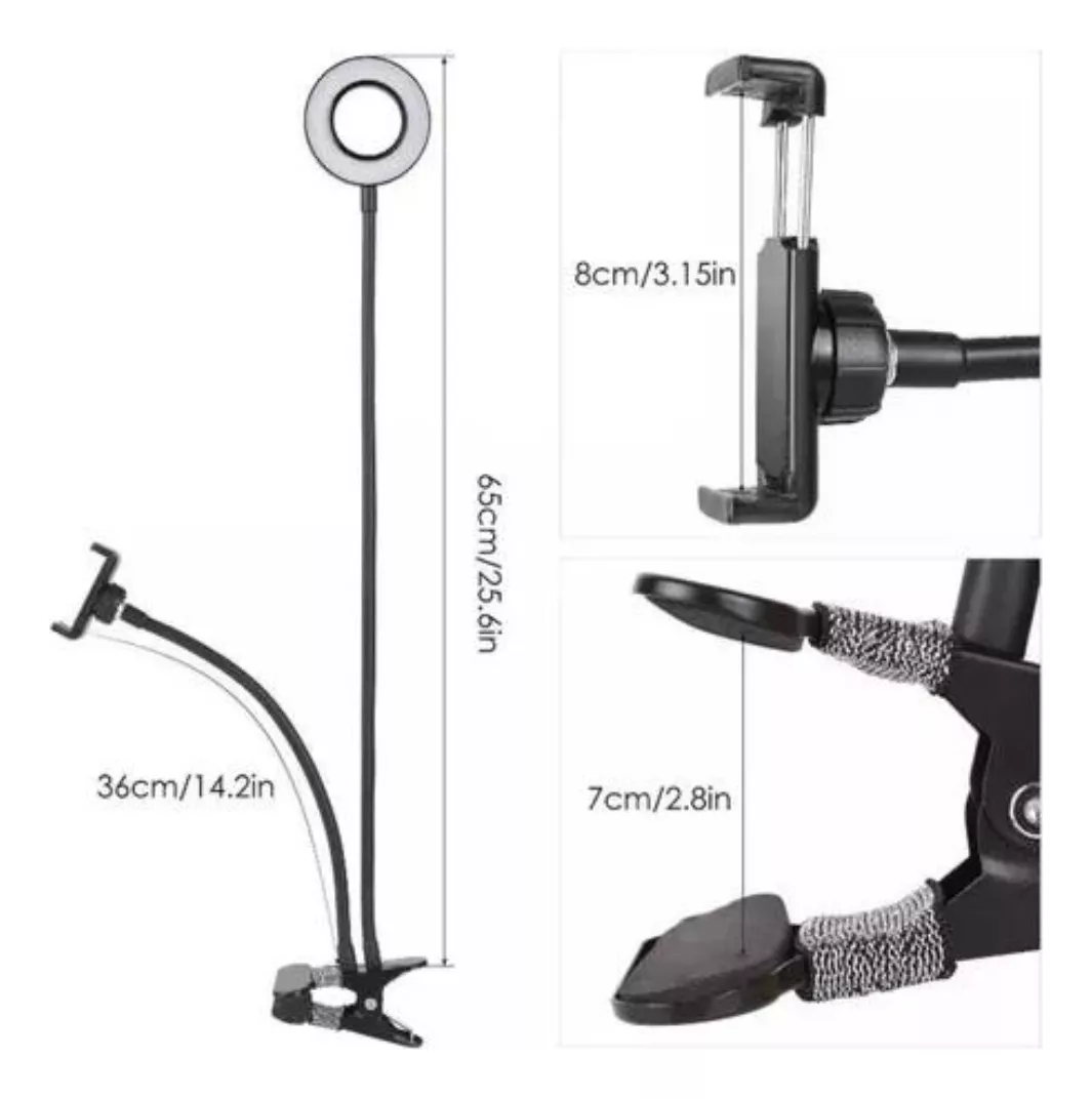 Aro de luz tipo trípode para celular, flexible, con pinza, altura 65cm.