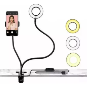 Aro de luz LED para celular con soporte flexible, clip, control de mando y enchufe USB.