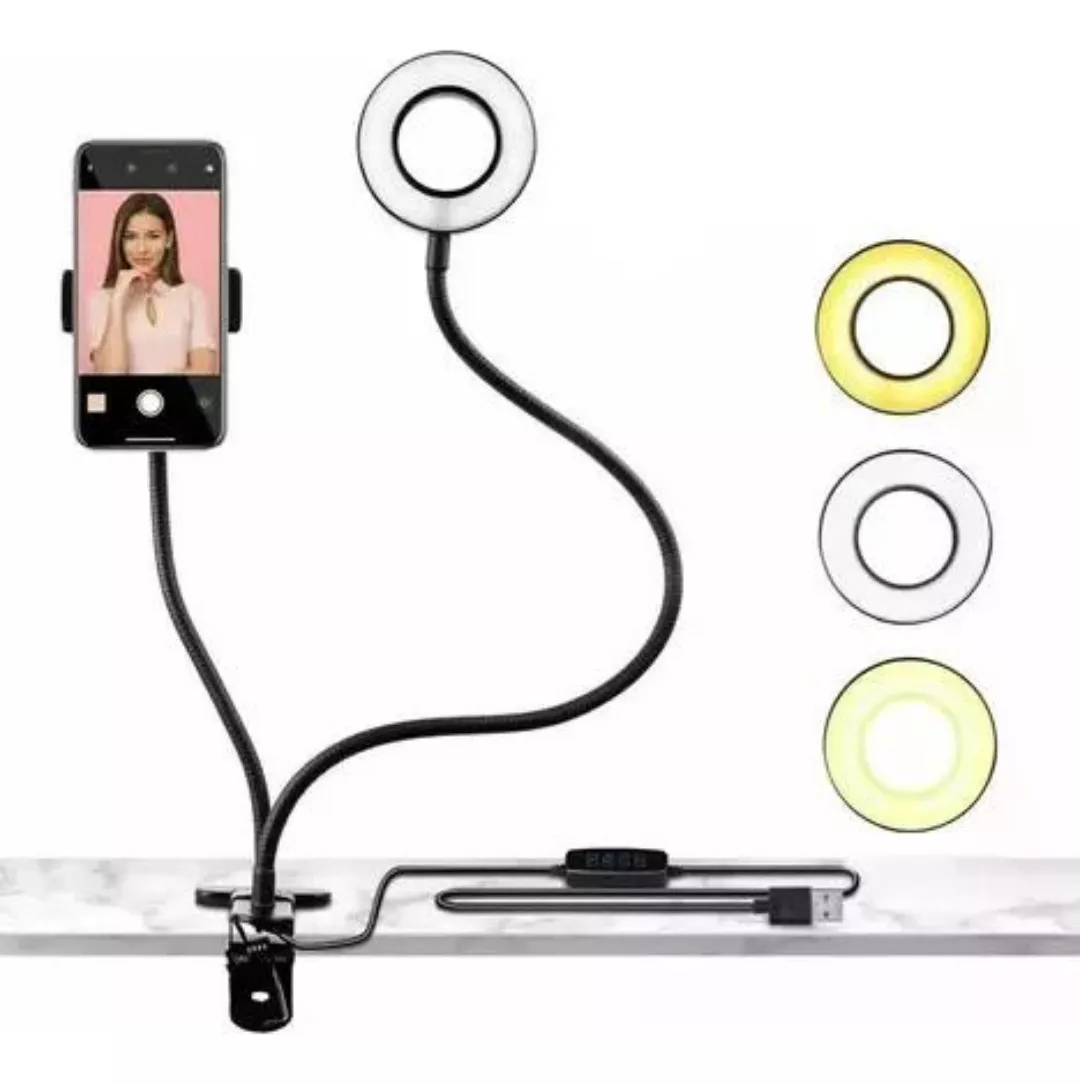 Aro de luz LED para celular con soporte flexible, clip, control de mando y enchufe USB.