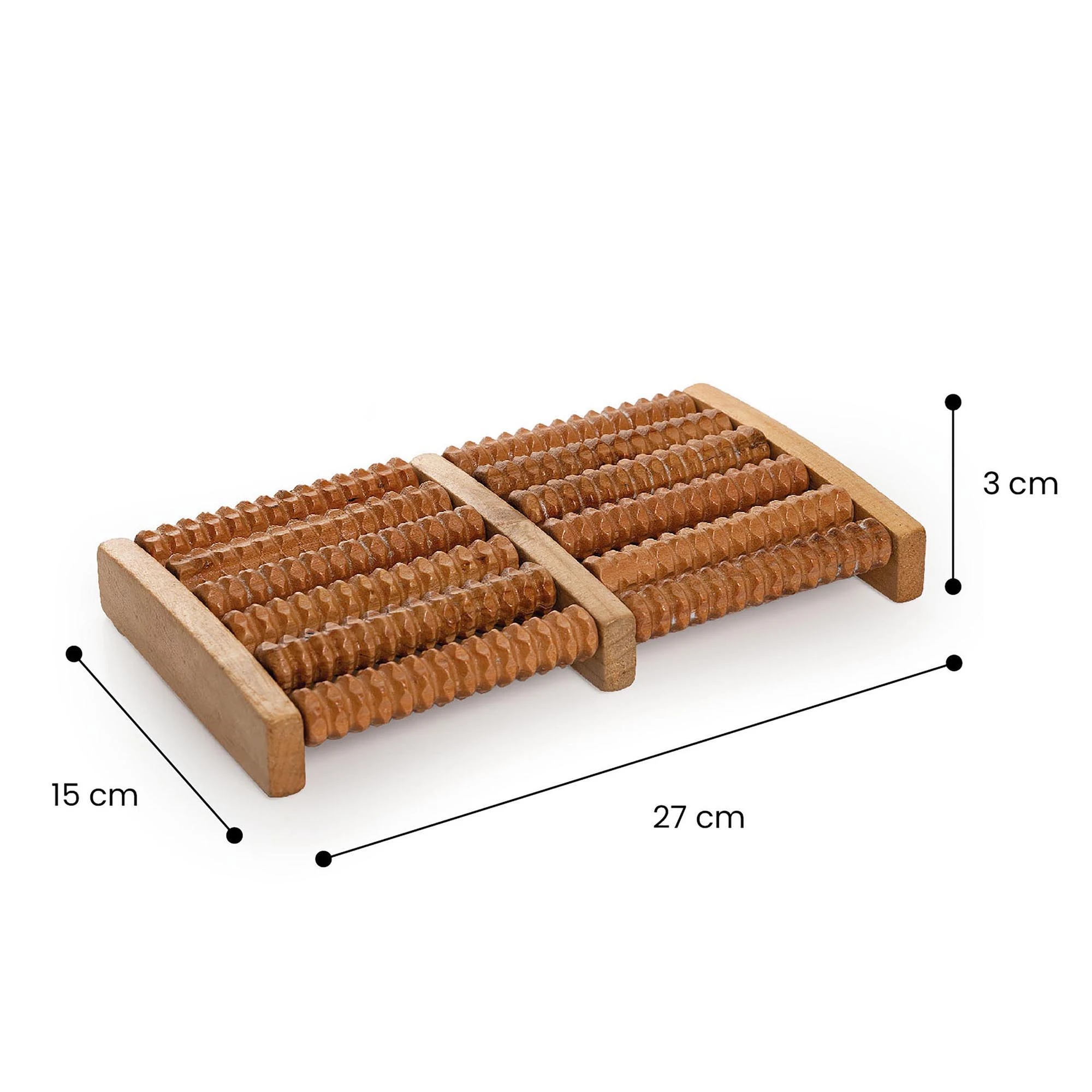 Rodillo masajeador de pies doble en madera de 27x15x3 cm con textura acanalada para alivio de tensión.