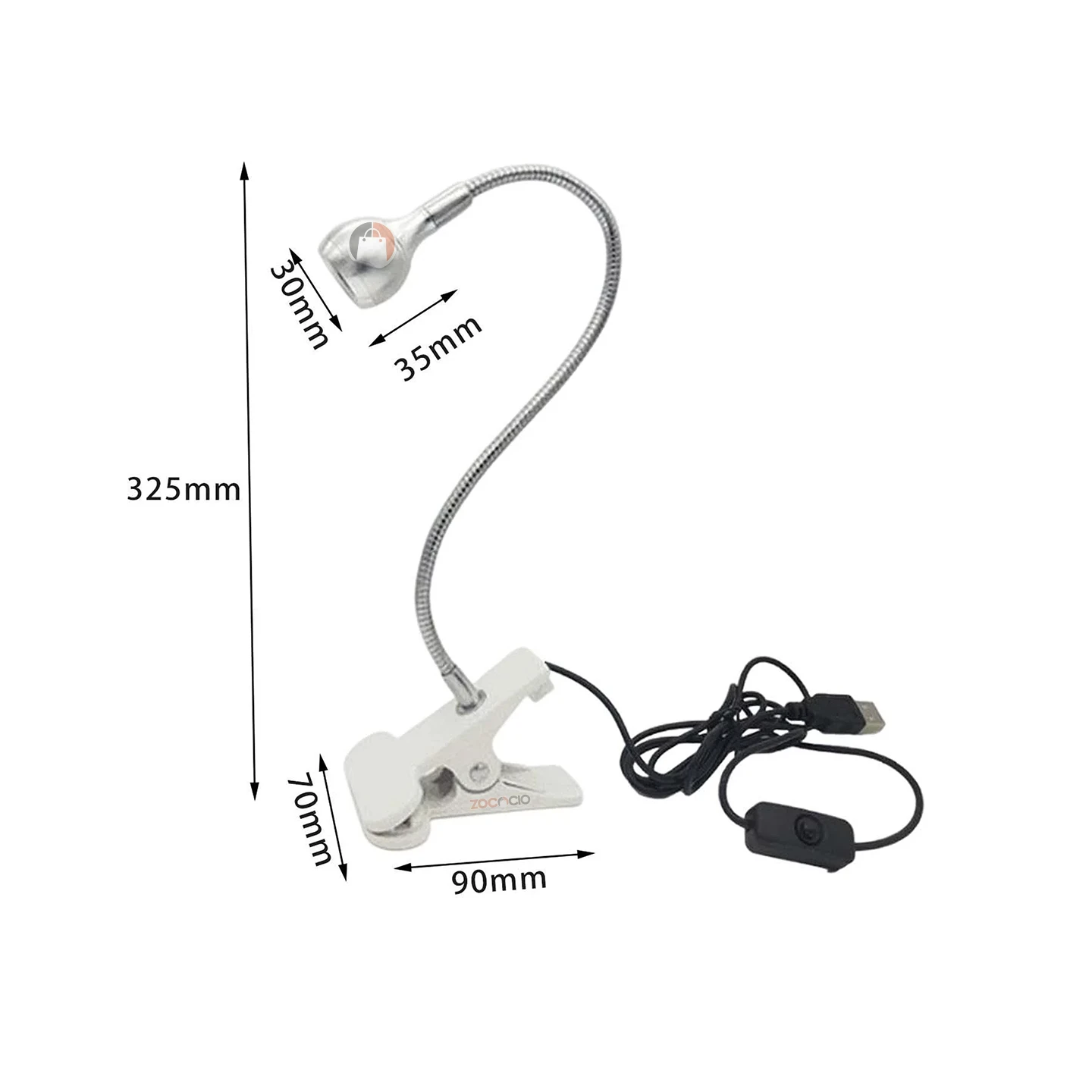 Lámpara UV LED plateada con brazo flexible, base de pinza blanca, cable USB con interruptor y medidas de 325 mm de alto y 90 mm de base para manicura.