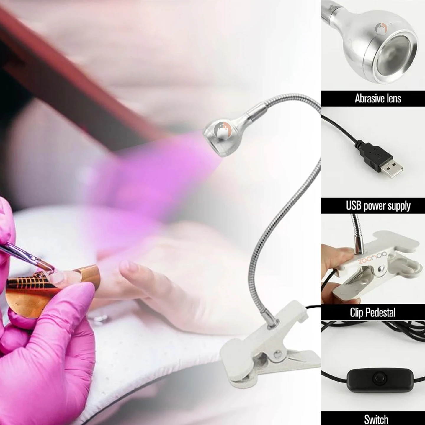 Lámpara UV LED para uñas con brazo flexible metálico, base de clip, cable USB y botón de encendido; muestra detalle del lente y su uso en manicura.