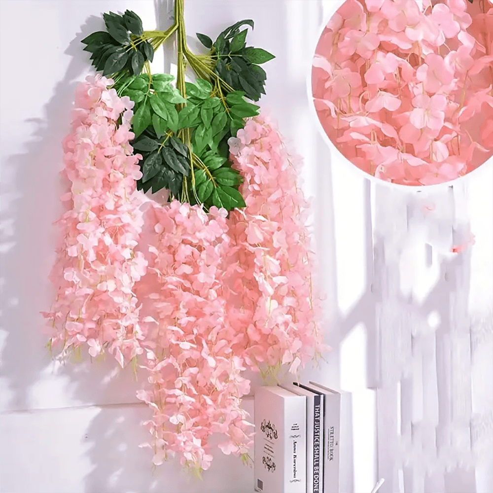 Glicinias colgantes decorativas color rosa, ideal para ambientar bodas, fiestas o el hogar.