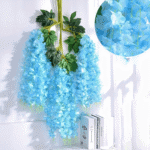 Glicinias colgantes artificiales color azul, con hojas verdes, ideal para decoración de interiores y exteriores.