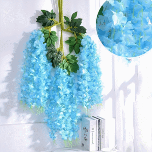 Glicinias colgantes artificiales color azul, con hojas verdes, ideal para decoración de interiores y exteriores.