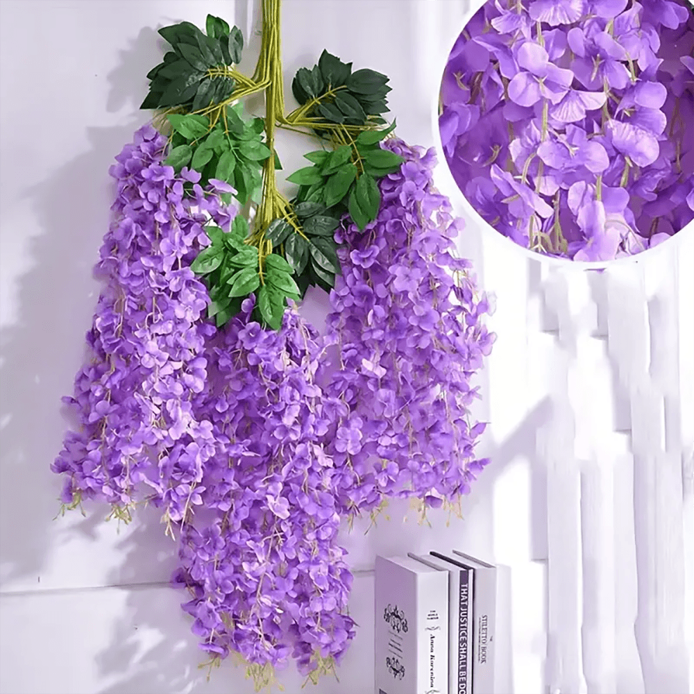 Glicinias colgantes moradas artificiales, 12 unidades, para decoración de interiores y exteriores, cascadas de flores realistas.