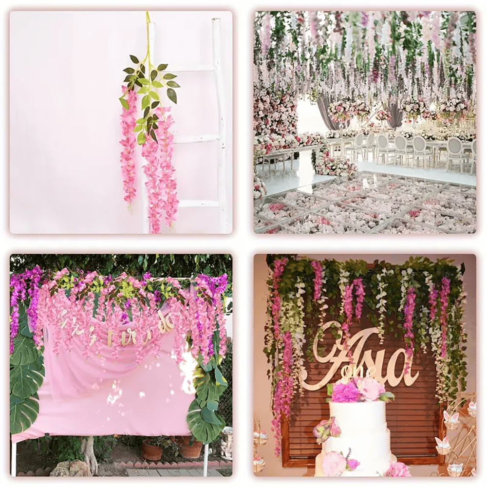 Set de 12 glicinias colgantes decorativas rosas y blancas para bodas y eventos.