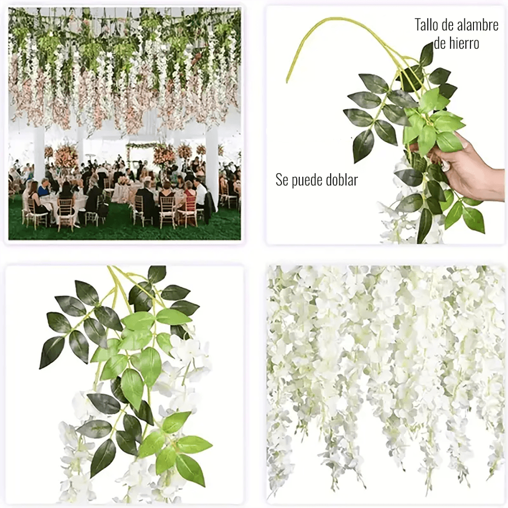 Set 12 glicinias colgantes decorativas blancas y verdes, tallo flexible de alambre de hierro.