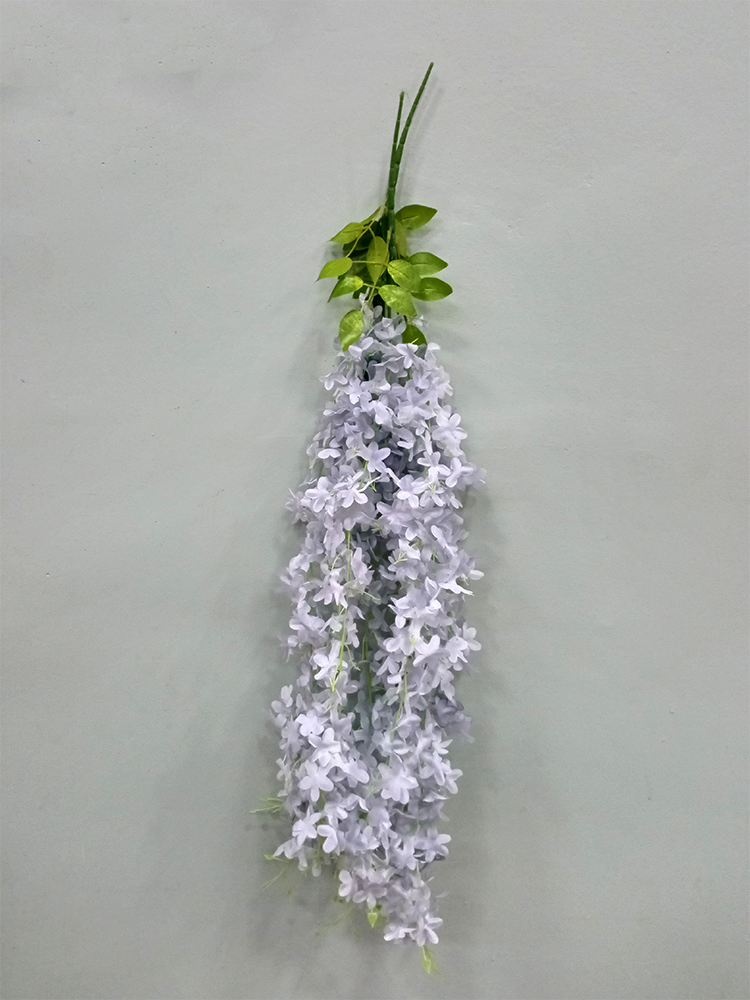 Colgante artificial de mini glicinias lilas, ideal para decoración, con tallos y hojas verdes.