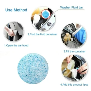 Pastillas efervescentes limpiaparabrisas automotriz, detallando uso para máxima visibilidad y protección.