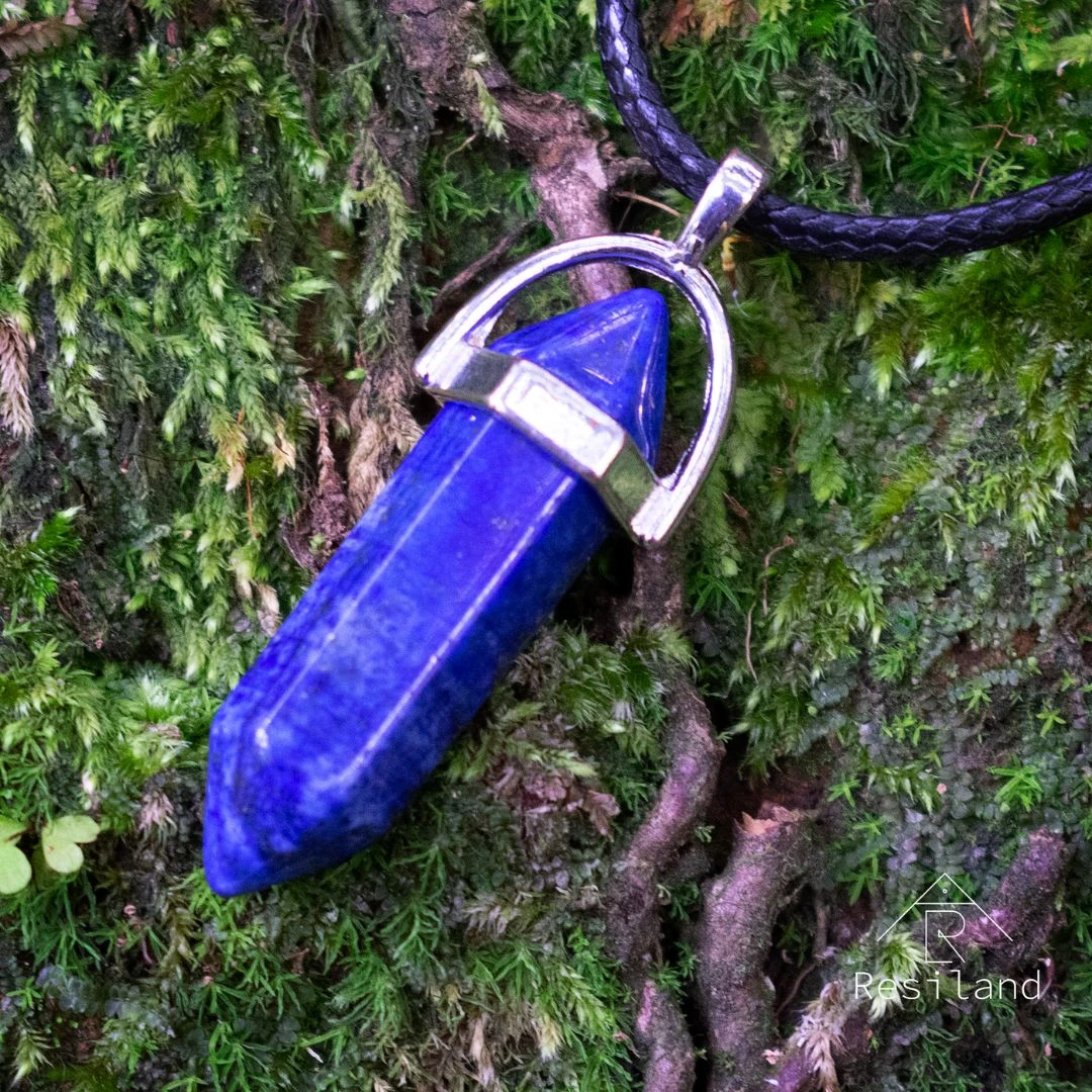 Colgante lapislázuli azul facetado con cadena de cuero, sobre musgo y ramas.