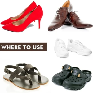 Zapatos de tacón rojos, zapatos de vestir marrones, zapatillas blancas, sandalias y zuecos negros.