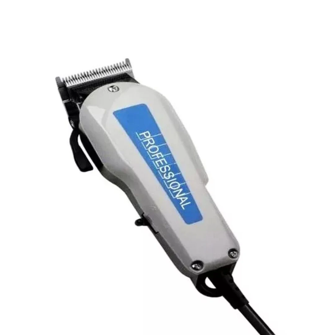 Máquina de corte profesional color gris con banda azul, motor V5000, palanca de ajuste lateral y cuchillas cromadas, incluye cable de alimentación.