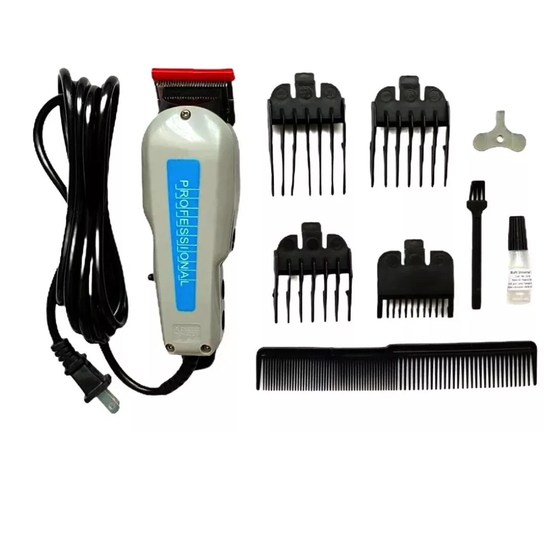 Máquina cortadora de cabello profesional gris con cable, incluye cuatro peines guía, cepillo de limpieza, aceite lubricante, protector de cuchillas y peine.