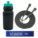 Kit deportivo: termo negro con tapa turquesa, cuerda para saltar gris y banda de resistencia azul "Wonder Band Heavy 17 Lbs".