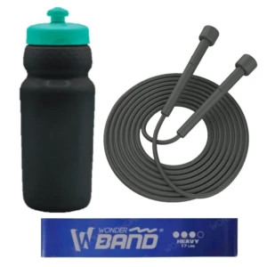 Kit deportivo: termo negro con tapa turquesa, cuerda para saltar gris y banda de resistencia azul "Wonder Band Heavy 17 Lbs".