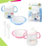 Set de vajilla para bebé con vaso entrenador azul y rosa, plato con ventosa y cubiertos.
