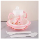 Set de vajilla para bebé rosa con vaso, plato y cubiertos. Incluye diseño "It's a Girl" con conejito y abeja.