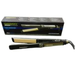 Plancha alizadora de cabello Geemy GM 416 profesional, color negro con placas doradas, máxima temperatura 230°C.