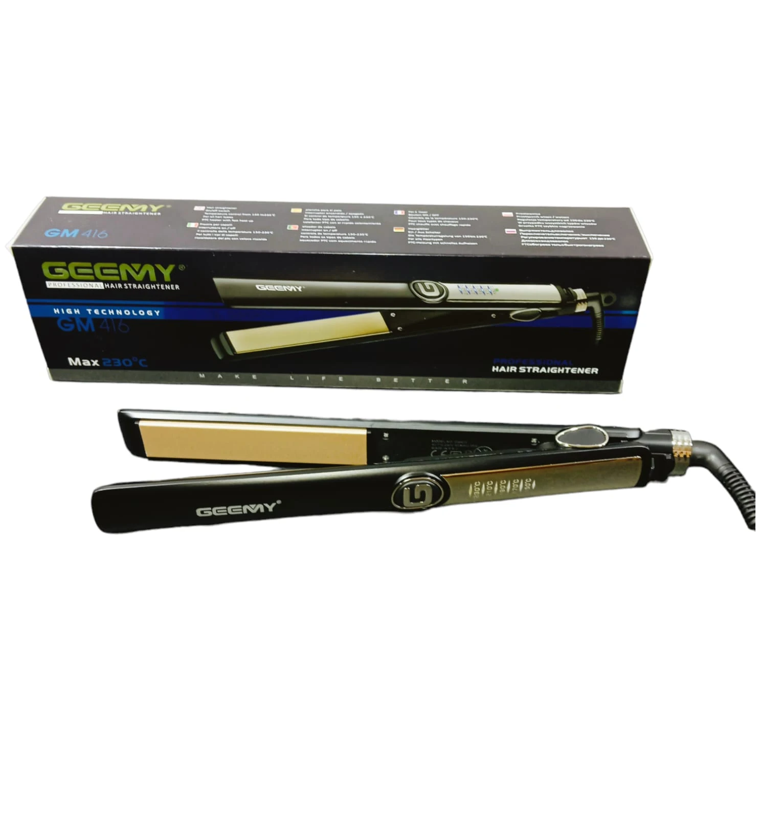 Plancha alizadora de cabello Geemy GM 416 profesional, color negro con placas doradas, máxima temperatura 230°C.