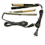 Planchas alizadoras Geemy plateada y negra con placas doradas y cables.