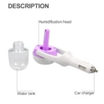 Humidificador ambientador para carro con tanque de agua y cargador, cabezal de humidificación púrpura y blanco.