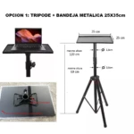 Trípode con bandeja metálica 25x35cm, ajustable en altura, ideal para portátil.