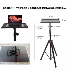 Trípode con bandeja metálica 25x35cm, ajustable en altura, ideal para portátil.