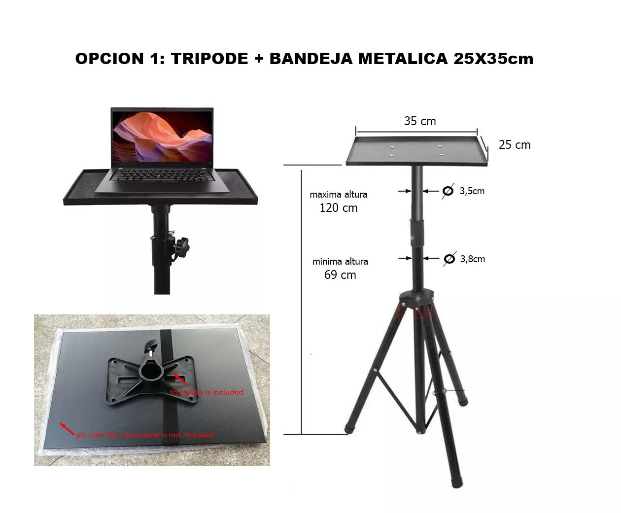 Trípode con bandeja metálica 25x35cm, ajustable en altura, ideal para portátil.