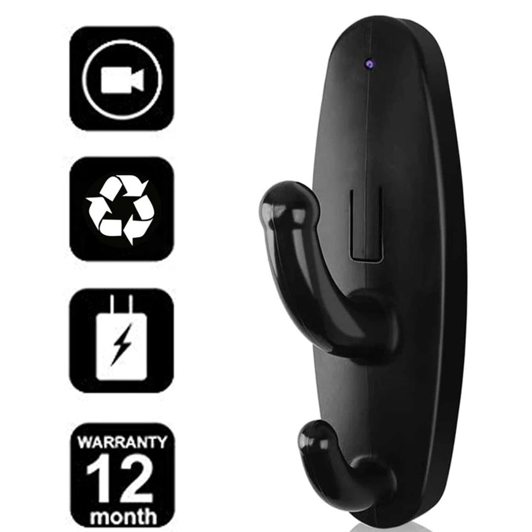 Perchero negro con cámara espía integrada, tres iconos (cámara, reciclaje, batería) y garantía de 12 meses.